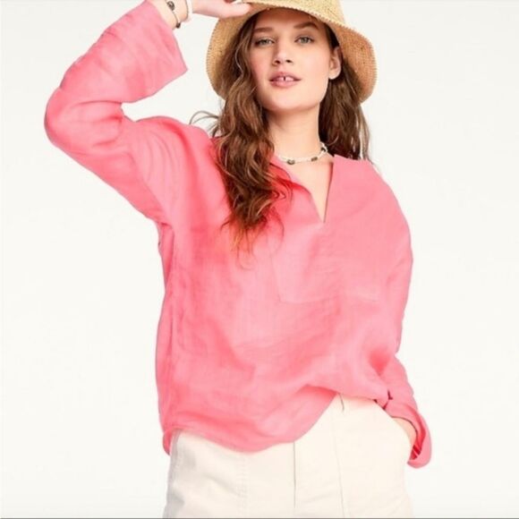 J. Crew Breathable Tea Rose Pink 100% Ramie Long Sleeve Tunic Top Blouse Small - Picture 1 of 7